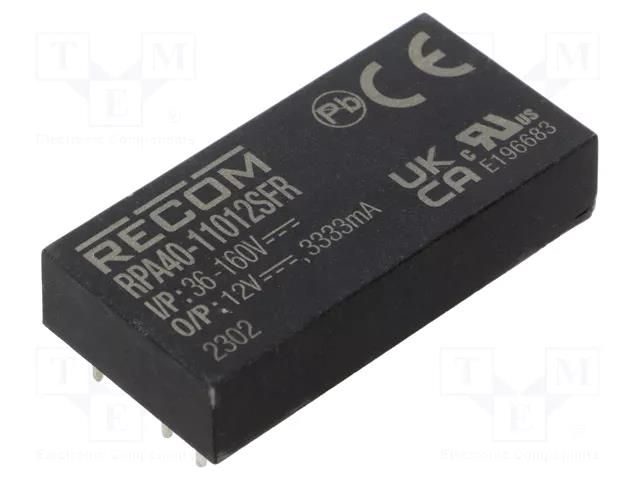 Converter: DC/DC; 40W; Uin: 36÷160VDC; Uout: 12VDC; Iout: 3333mA RECOM RPA40-11012SFR