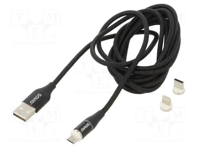 Cable; magnetic,USB 2.0; 2m; black; 480Mbps; textile; 3A SAVIO SAVKABELCL-155