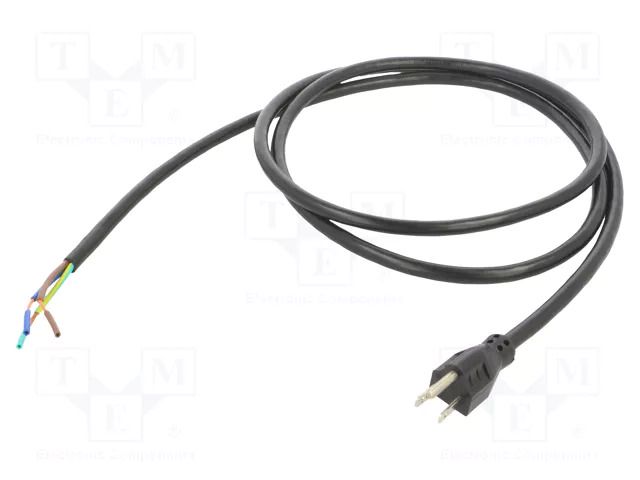 Cable; 3x14AWG; NEMA 5-15 (B) plug,wires; PVC; 2m; black; 15A; 125V Qualtek Electronics 311024-01