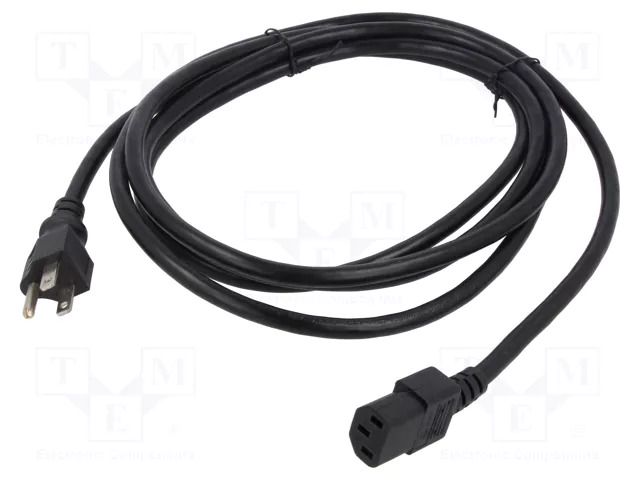 Cable; 3x18AWG; NEMA 5-15 (B) plug,wires; PVC; 3m; black; 10A; 125V Qualtek Electronics 312010-01