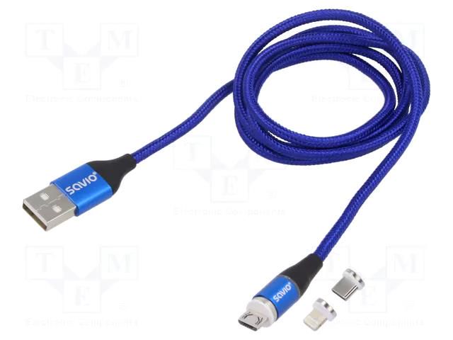 Cable; magnetic,USB 2.0; 1m; blue; 480Mbps; textile; 3A SAVIO SAVKABELCL-154