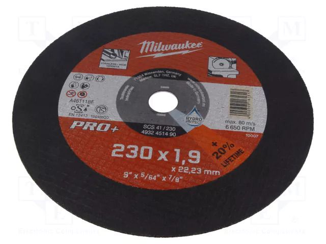 Cutting wheel; Ø: 230mm; Disc thick: 1.9mm; Holder: assembly hole Milwaukee MW-4932451490