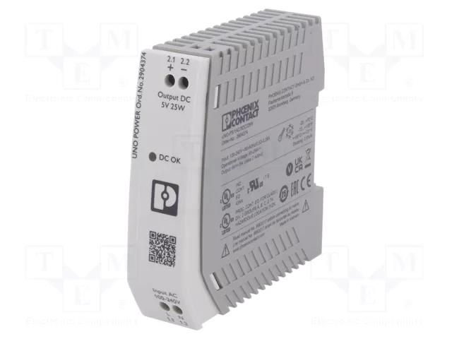 Power supply: switching; for DIN rail; 25W; 5VDC; 5A; 85÷264VAC PHOENIX CONTACT UNO/1AC/5DC/25W
