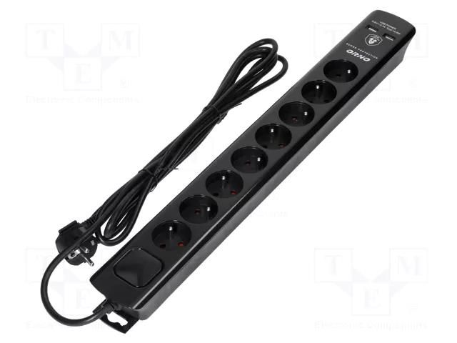 Plug socket strip: protective; Sockets: 8; 230VAC; 10A; black; 3m ORNO OR-AE-13244/B/3M
