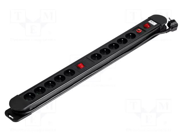 Plug socket strip: protective; Sockets: 10; 230VAC; 16A; black VIRONE VIR-PS-3/B/1-5M