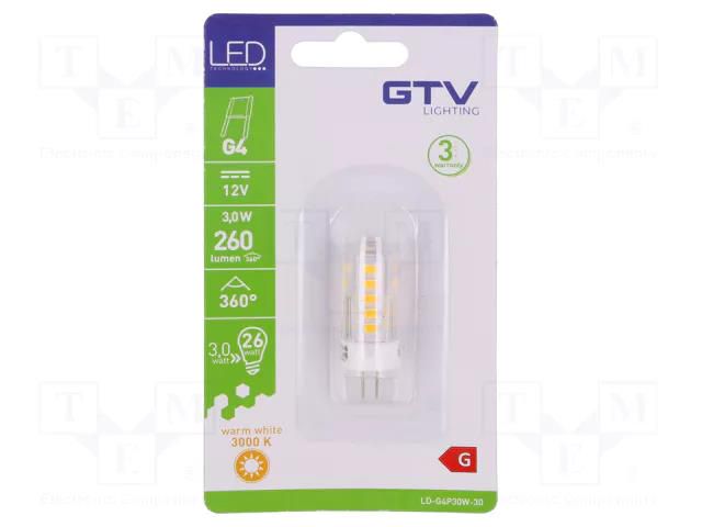 LED lamp; warm white; G4; 12VDC; 260lm; 3W; 360°; 3000K GTV Poland LD-G4P30W-30