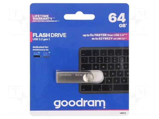 Pendrive; USB 3.2; 64GB; R: 60MB/s; W: 20MB/s; silver; USB A GOODRAM UNO3-0640S0R11