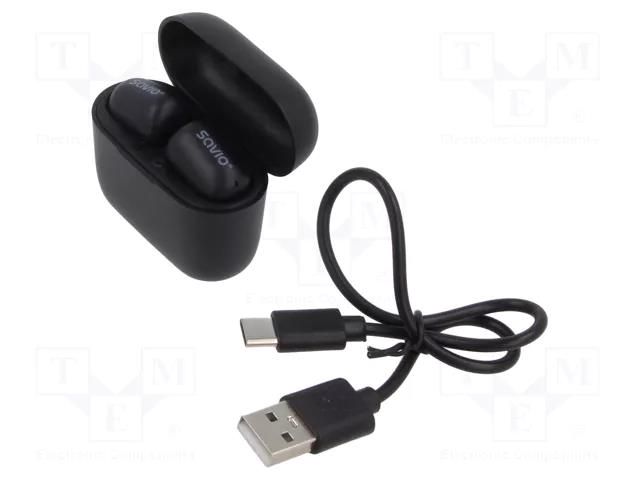 Wireless headphones with microphone; black; USB C; with LED SAVIO SAVSLTWS-09