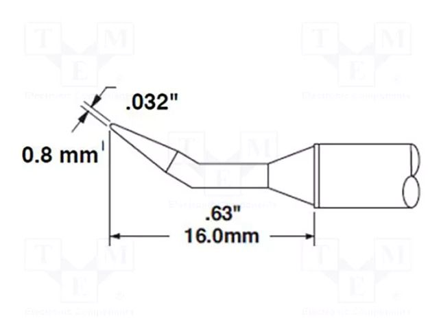Tip; bent conical; 0.8x16mm; 302°C; for soldering station METCAL CVC-5CN1608R