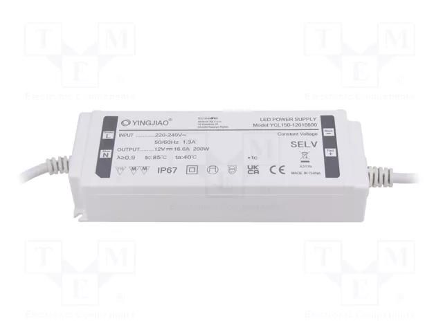 Power supply: switching; LED; 200W; 12VDC; 16.66A; 220÷240VAC; IP67 YINGJIAO YCL150-200-12