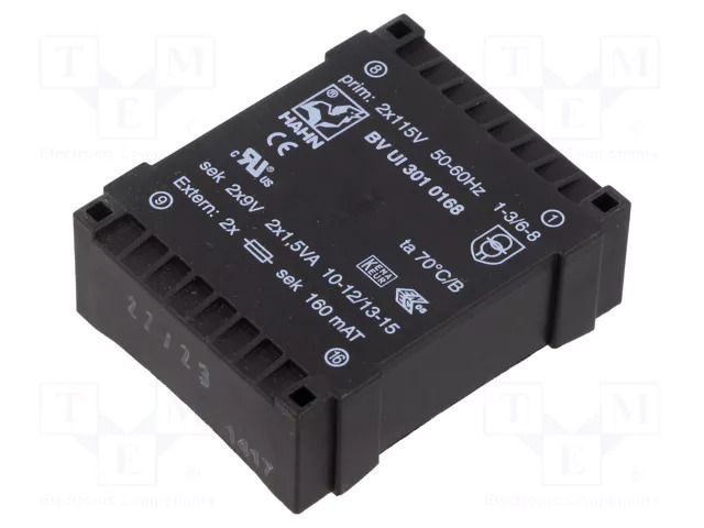 Transformer: encapsulated; 3VA; 115VACx2; 9V; 9V; 167mA; 167mA; PCB HAHN BVUI3010168