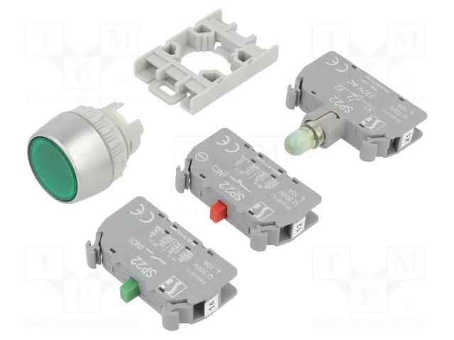 Switch: push-button; 22mm; Stabl.pos: 1; NC + NO; green; LED; IP65 SPAMEL SP22-KLZ11230LEDAC