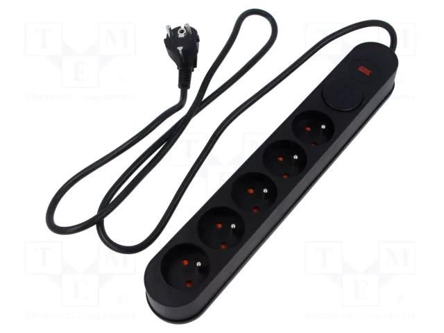 Plug socket strip: protective; Sockets: 5; 230VAC; 10A; black; 3m PLASTROL W-00019