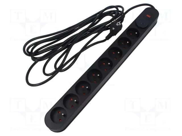 Plug socket strip: protective; Sockets: 8; 230VAC; 10A; black; 3m PLASTROL W-00027