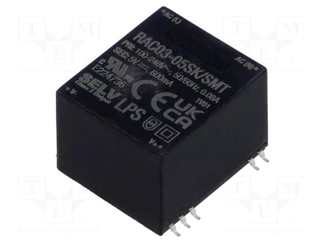Converter: AC/DC; 3W; Uin: 85÷264VAC,120÷370VDC; Uout: 5VDC; 74% RECOM RAC03-05SK/SMT-R