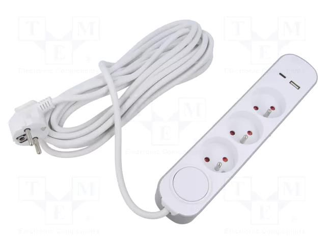 Extension lead; 3x1mm2; Schuko; Sockets: 5; PVC; white; 3m; 13A PLASTROL W-30001