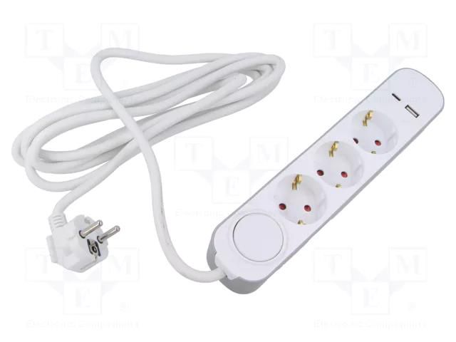 Extension lead; 3x1.5mm2; Schuko; Sockets: 5; PVC; white; 3m; 16A PLASTROL W-30007