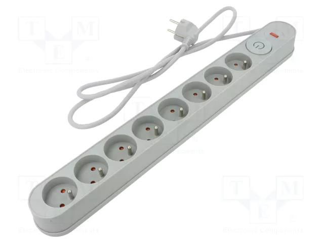 Plug socket strip: protective; Sockets: 8; 230VAC; 10A; grey; 1.5m PLASTROL W-00024