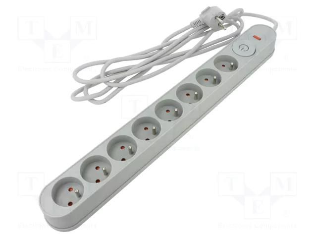 Plug socket strip: protective; Sockets: 8; 230VAC; 10A; grey; 3m PLASTROL W-00026
