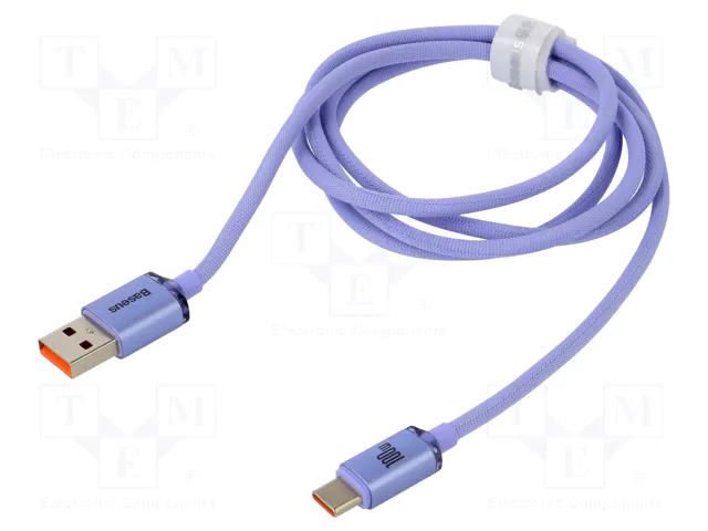 Cable; USB 2.0; USB A plug,USB C plug; 1.2m; violet; textile; 100W BASEUS CAJY000405