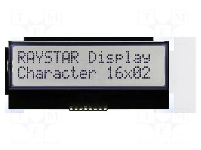 Display: LCD; alphanumeric; COG,STN Positive; 16x2; grey; LED; 1x8 RAYSTAR OPTRONICS RX1602A5-GHW-TS