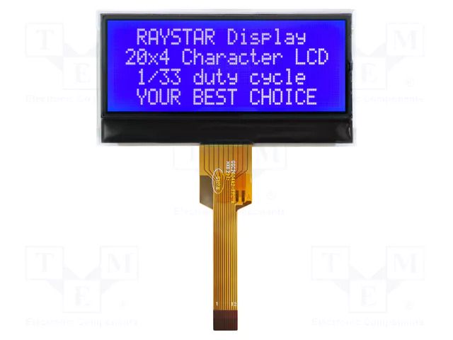 Display: LCD; alphanumeric; COG,STN Negative; 20x4; blue; LED; 1x12 RAYSTAR OPTRONICS RX2004C-BIW