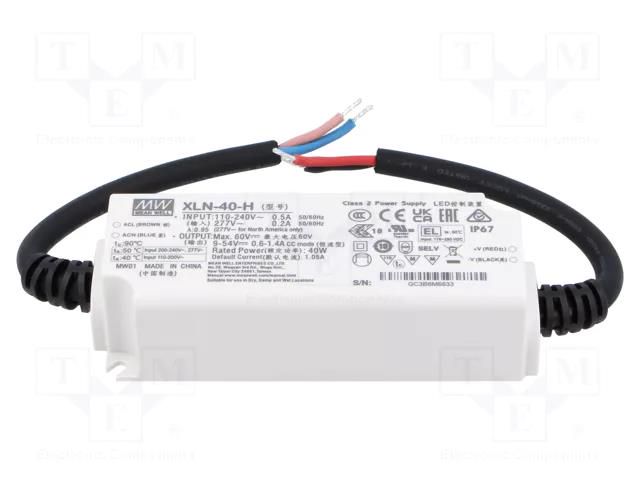 Power supply: switching; LED; 40W; 9÷54VDC; 600mA÷1.4A; 100÷305VAC MEAN WELL XLN-40-H