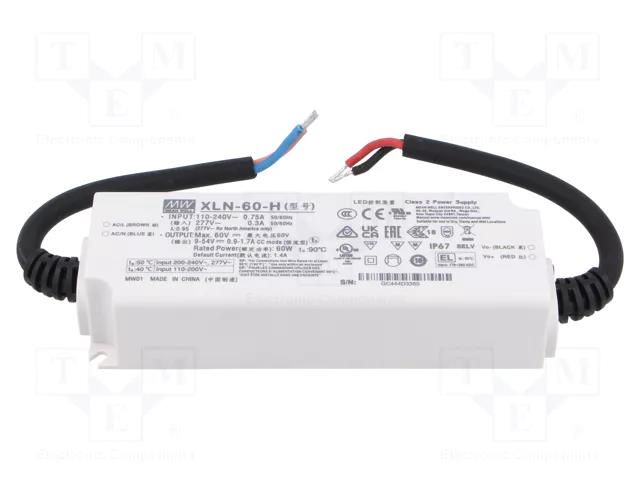 Power supply: switching; LED; 60W; 9÷54VDC; 900mA÷1.7A; 110÷305VAC MEAN WELL XLN-60-H