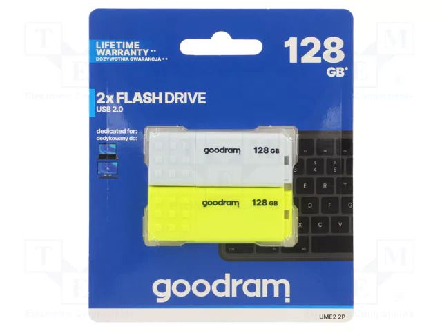Pendrive; USB 2.0; 128GB; R: 20MB/s; W: 5MB/s; white,yellow; USB A GOODRAM UME2-1280MXR11-2P