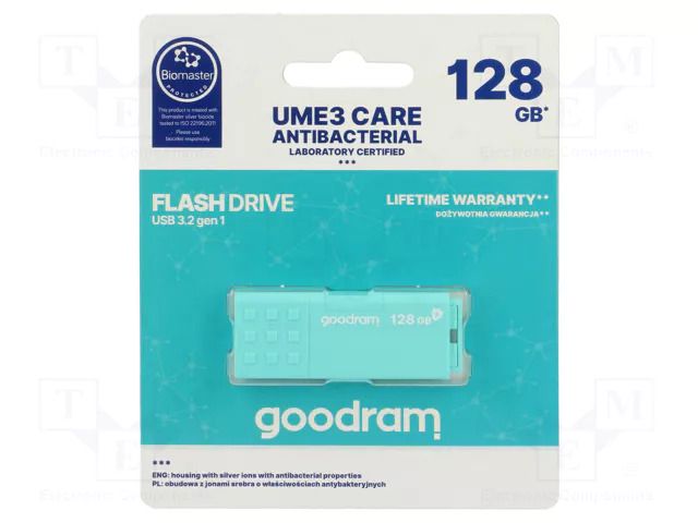 Pendrive; USB 3.2; 128GB; R: 60MB/s; W: 20MB/s; mint; USB A GOODRAM UME3-1280CRR11