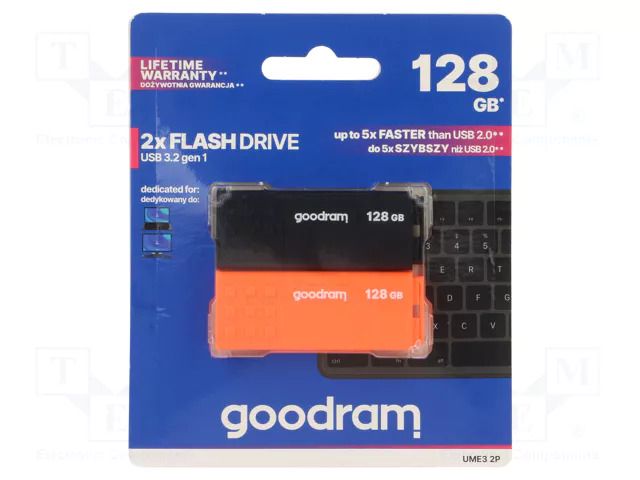 Pendrive; USB 3.2; 128GB; R: 60MB/s; W: 20MB/s; black,orange; USB A GOODRAM UME3-1280MXR11-2P