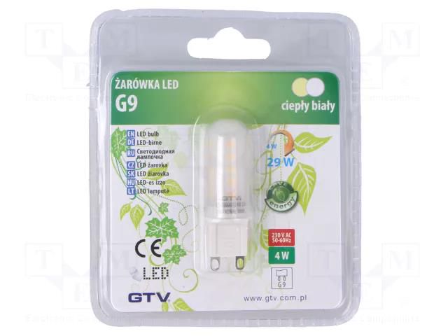 LED lamp; warm white; G9; 230VAC; 300lm; 4W; 360°; 3000K GTV Poland LD-G96440-32