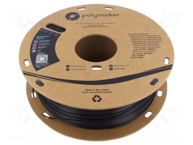 Filament: PET-G; 1.75mm; black; 230÷240°C; 1kg; Table temp: 70÷80°C POLYMAKER PB01001
