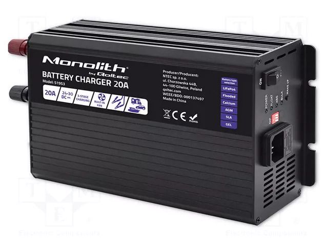 Charger: for rechargeable batteries; 20A; Out: crocodile clip QOLTEC QOLTEC-51953