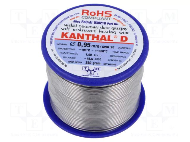 Resistance wire; 1.9Ω/m; -100÷1300°C; 0.25kg; Øout: 0.95mm; FeCrAl KANTHAL KANTHAL-D-0.95/250