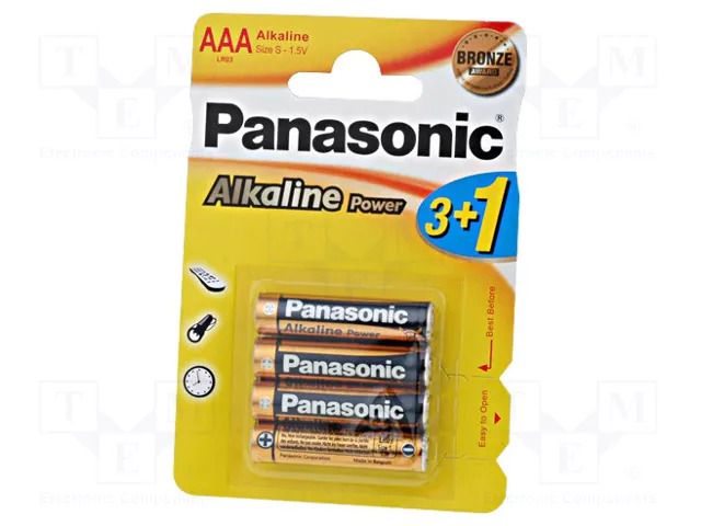 Battery: alkaline; AAA; 1.5V; non-rechargeable; 4pcs; BRONZE PANASONIC BAT-LR03/P-B4