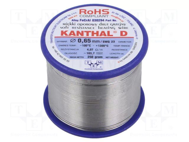 Resistance wire; 4.07Ω/m; -100÷1300°C; 0.25kg; Øout: 0.65mm; 23SWG KANTHAL KANTHAL-D-0.65/250
