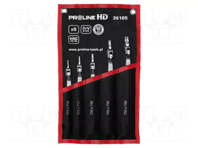 Wrench-set; Torx®,with joint; Chrom-vanadium steel; HD; 5pcs. PROLINE PRE-36105