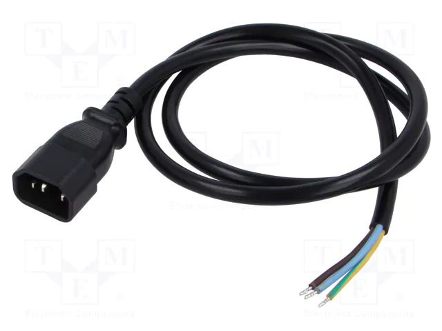 Cable; 3x1mm2; IEC C14 male,wires; PVC; 1m; black; 10A; 250V LIAN DUNG SN13-3/10/1.0BK