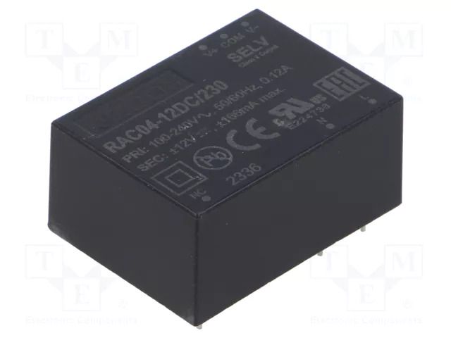 Converter: AC/DC; 4W; Uin: 80÷264VAC,113÷373VDC; Uout: 12VDC; 78% RECOM RAC04-12DC/230