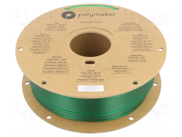 Filament: PET-G; 1.75mm; translucent,green; 230÷240°C; 1kg POLYMAKER PB01033