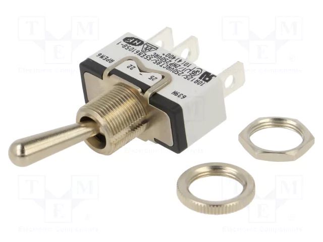 Switch: toggle; Pos: 3; SP3T; ON-OFF-ON; 10A/250VAC; 5A/24VDC; 600H APEM 639H/2