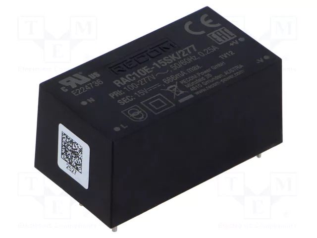 Converter: AC/DC; 10W; Uin: 85÷305VAC; 15VDC; Iout: 666mA; 83%; PCB RECOM RAC10E-15SK/277