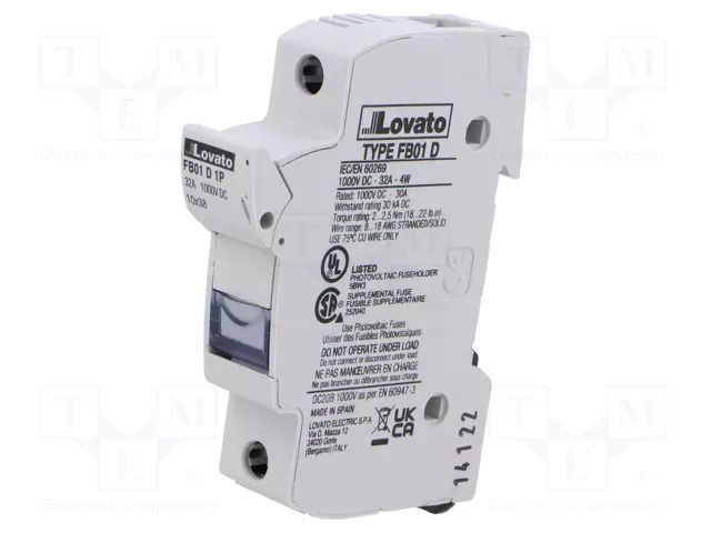 Fuse base; 10x38mm; for DIN rail mounting; 32A; Poles: 1; 1kVDC LOVATO ELECTRIC FB01D1P