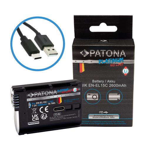 PATONA Platinum Battery with USB-C Input for Nikon Z5 Z6 Z6II Z6III Z7 Z8 ZF D500 D800 D850 D7000 D7100 D7200 EN-EL15, PATONA 1363 4055655232920