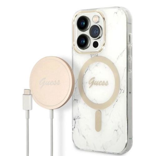 Guess GUBPP14LHMEACSH Case+ Charger Set iPhone 14 Pro 6.1&quot; white/white hard case Marble MagSafe, Guess 3666339103200 3666339103200