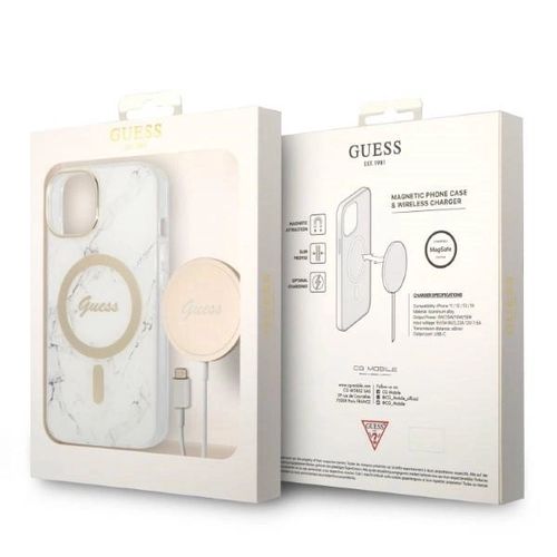 Set Guess GUBPP14SHMEACSH Case+ Charger iPhone 14 6.1&quot; white/white hard case Marble MagSafe, Guess 3666339103187 3666339103187