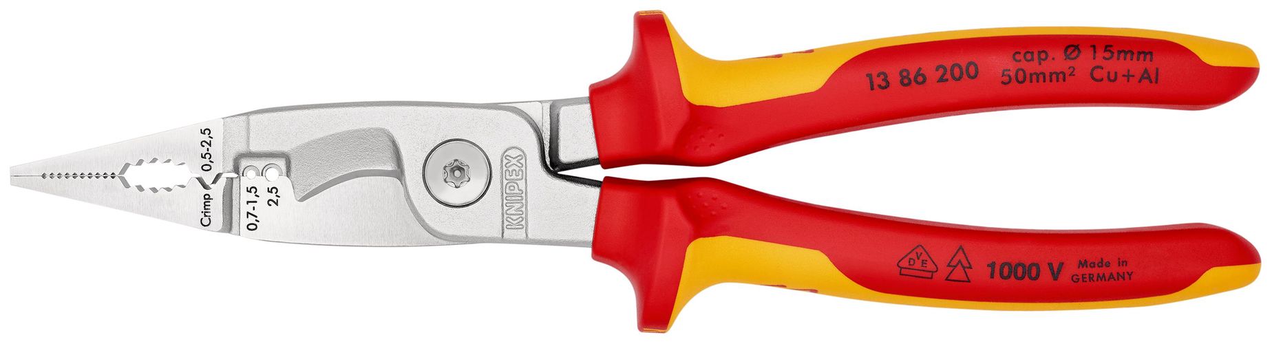 KNIPEX 13 86 200 Pliers for Electrical Installation insulated with multi-component grips, VDE-tested chrome-plated 200 mm 13 86 200 4003773075097