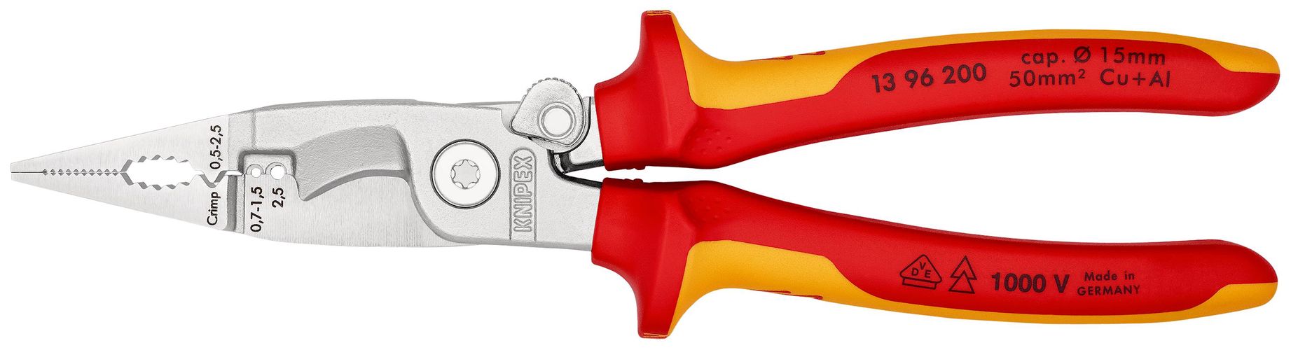 KNIPEX 13 96 200 T Pliers for Electrical Installation insulated with multi-component grips, VDE-tested with integrated insulated tether attachment point for a tool tether chrome-plated 200 mm 13 96 200 T 4003773081425