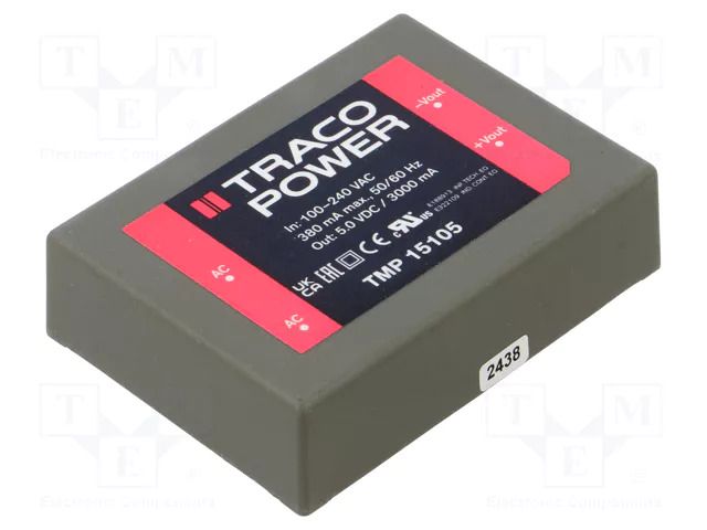 Converter: AC/DC; 15W; Uin: 85÷264VAC,120÷370VDC; Uout: 5VDC; 75% TRACO POWER TMP15105